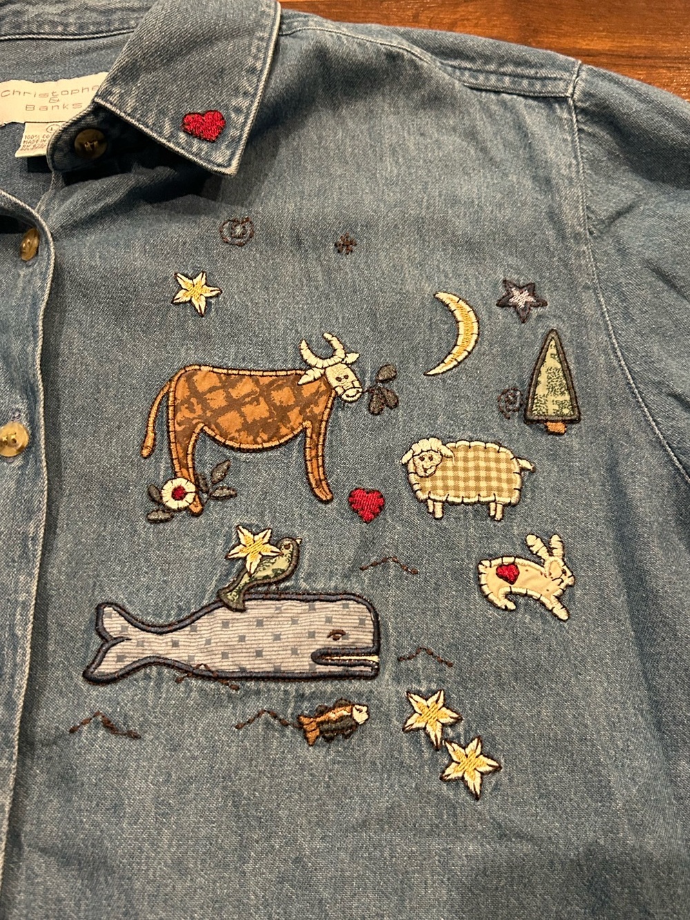 Vintage 90s Noah's Ark Embroidered Chambray Shirt Christopher & Banks Size Large - Picture 3 of 6
